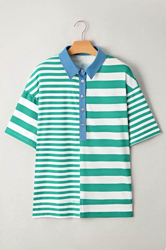 Green Stripe Color Collar Half Buttons T Shirt Top - Shop Style & More | Fresh Looks, Everyday Deals & Free Shipping