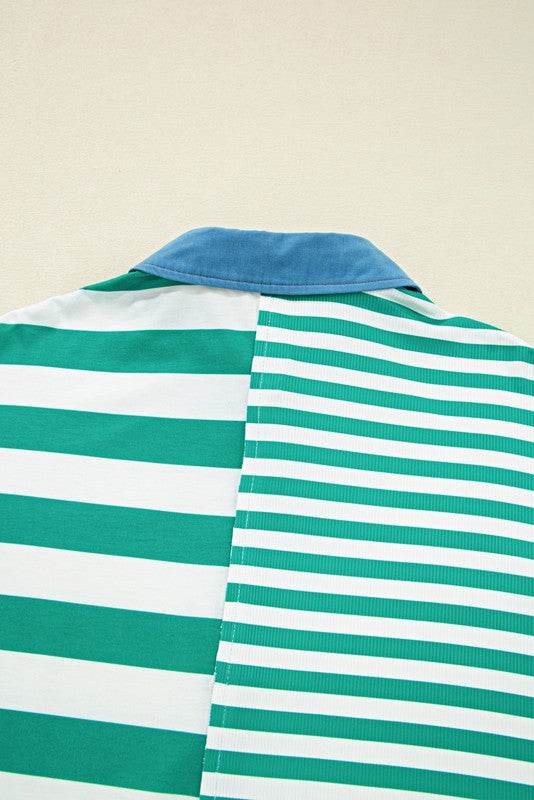 Green Stripe Color Collar Half Buttons T Shirt Top - Shop Style & More | Fresh Looks, Everyday Deals & Free Shipping