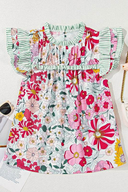 Pink Floral Ruffle Trim Pleated Panel Boho Blouse - Shop Style & More | Fresh Looks, Everyday Deals & Free Shipping