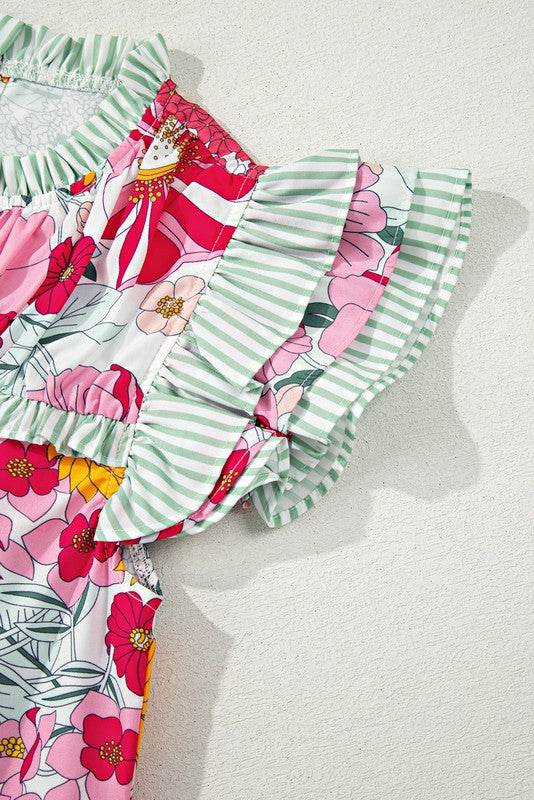 Pink Floral Ruffle Trim Pleated Panel Boho Blouse - Shop Style & More | Fresh Looks, Everyday Deals & Free Shipping