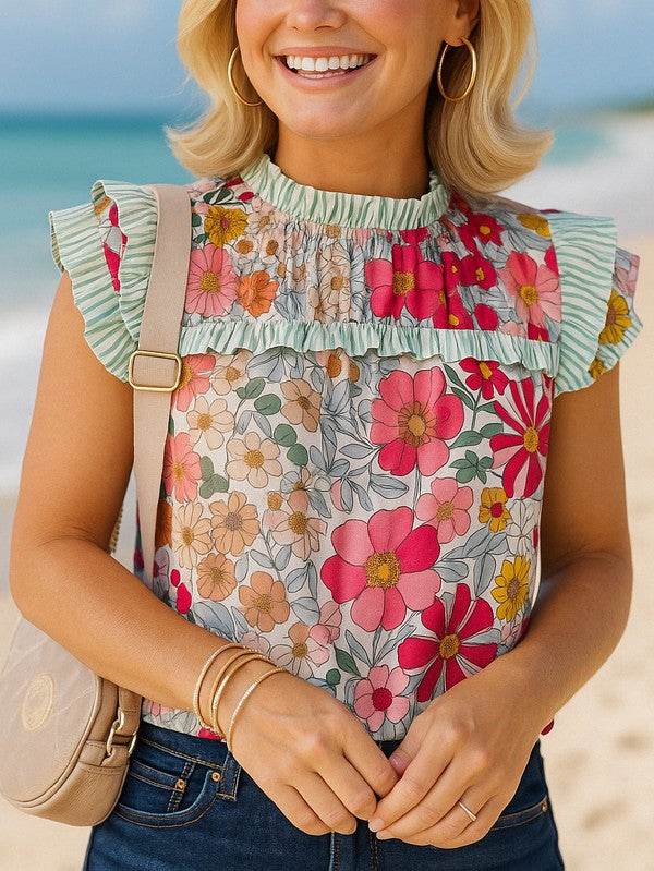 Pink Floral Ruffle Trim Pleated Panel Boho Blouse - Shop Style & More | Fresh Looks, Everyday Deals & Free Shipping