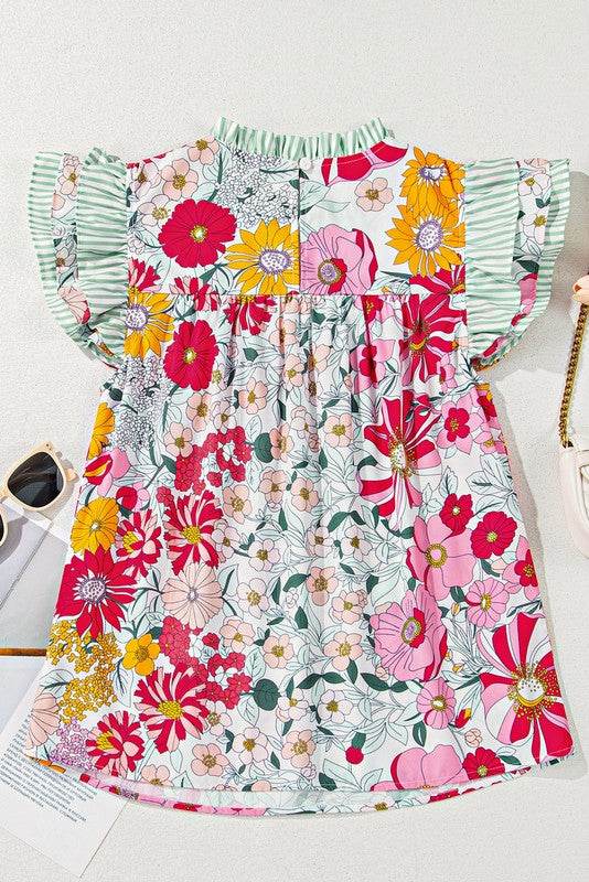 Pink Floral Ruffle Trim Pleated Panel Boho Blouse - Shop Style & More | Fresh Looks, Everyday Deals & Free Shipping