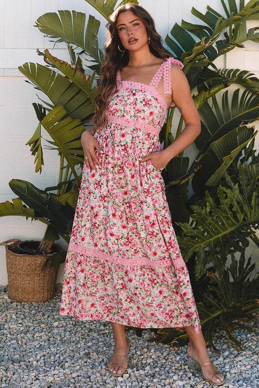 Pink Floral Lace Tied Strap Empire Waist Dress - Shop Style & More | Fresh Looks, Everyday Deals & Free Shipping