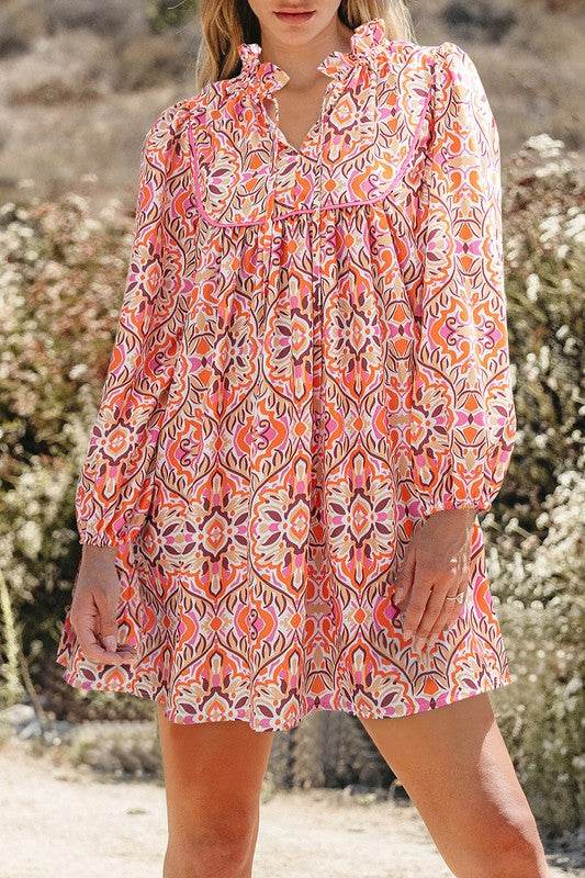 Printed Long Sleeve Tied Neckline Mini Dress - Shop Style & More | Fresh Looks, Everyday Deals & Free Shipping