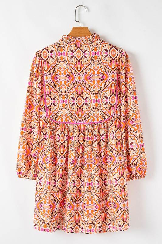 Printed Long Sleeve Tied Neckline Mini Dress - Shop Style & More | Fresh Looks, Everyday Deals & Free Shipping