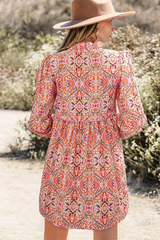 Printed Long Sleeve Tied Neckline Mini Dress - Shop Style & More | Fresh Looks, Everyday Deals & Free Shipping