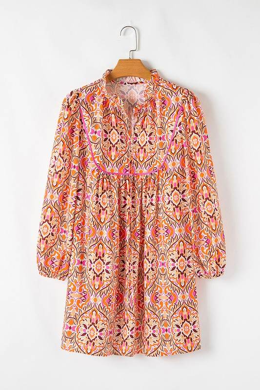 Printed Long Sleeve Tied Neckline Mini Dress - Shop Style & More | Fresh Looks, Everyday Deals & Free Shipping