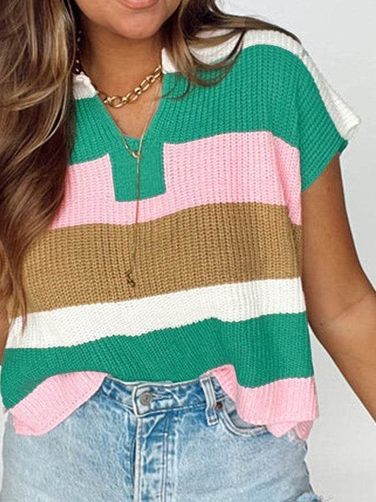 Cotton Colorblock Notch V Neck Knit T Shirt - Shop Style & More | Fresh Looks, Everyday Deals & Free Shipping