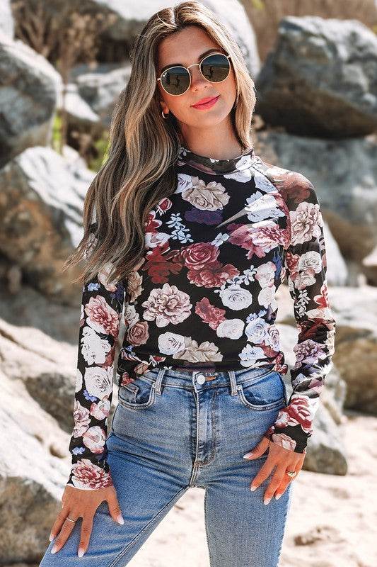Mesh Floral Print Mock Neck Long Sleeve Slim Top - Shop Style & More | Fresh Looks, Everyday Deals & Free Shipping