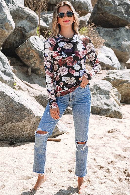 Mesh Floral Print Mock Neck Long Sleeve Slim Top - Shop Style & More | Fresh Looks, Everyday Deals & Free Shipping