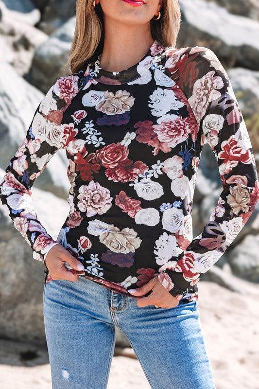 Mesh Floral Print Mock Neck Long Sleeve Slim Top - Shop Style & More | Fresh Looks, Everyday Deals & Free Shipping