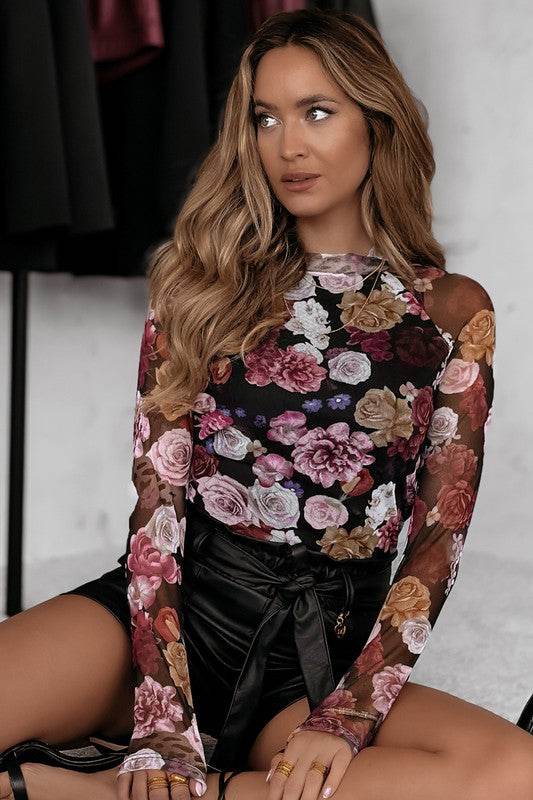 Mesh Floral Print Mock Neck Long Sleeve Slim Top - Shop Style & More | Fresh Looks, Everyday Deals & Free Shipping