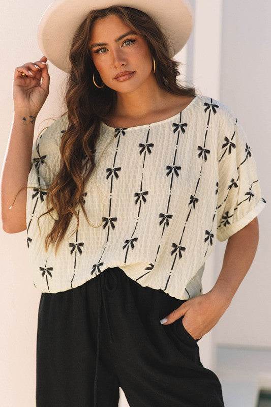 Bow Print Puff Short Sleeve Top - Shop Style & More | Fresh Looks, Everyday Deals & Free Shipping