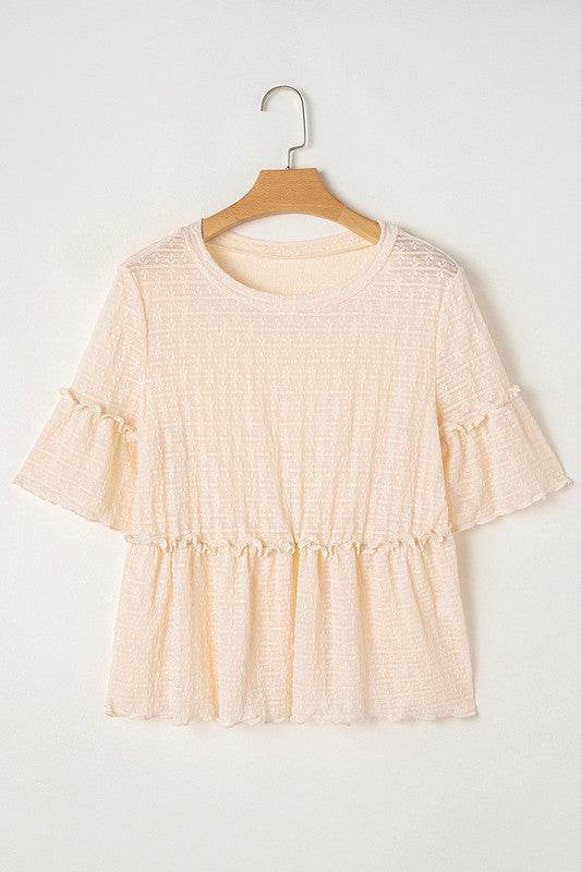 Beige Solid Color Ruffled Short Sleeve Blouse - Shop Style & More | Fresh Looks, Everyday Deals & Free Shipping