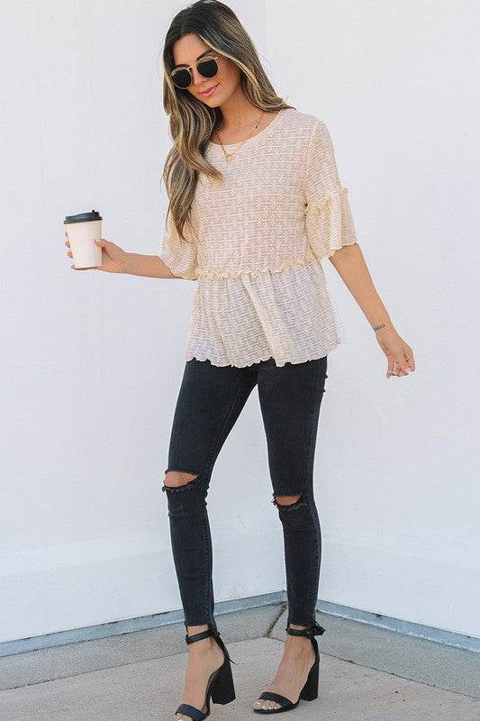 Beige Solid Color Ruffled Short Sleeve Blouse - Shop Style & More | Fresh Looks, Everyday Deals & Free Shipping