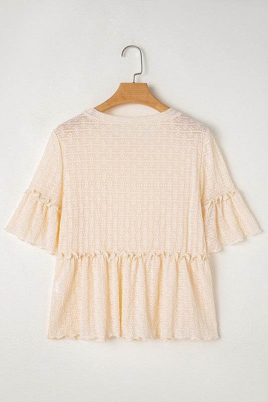 Beige Solid Color Ruffled Short Sleeve Blouse - Shop Style & More | Fresh Looks, Everyday Deals & Free Shipping