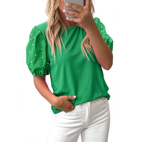 Ribbed Pearl Beaded Puff Sleeve Top - Shop Style & More | Fresh Looks, Everyday Deals & Free Shipping