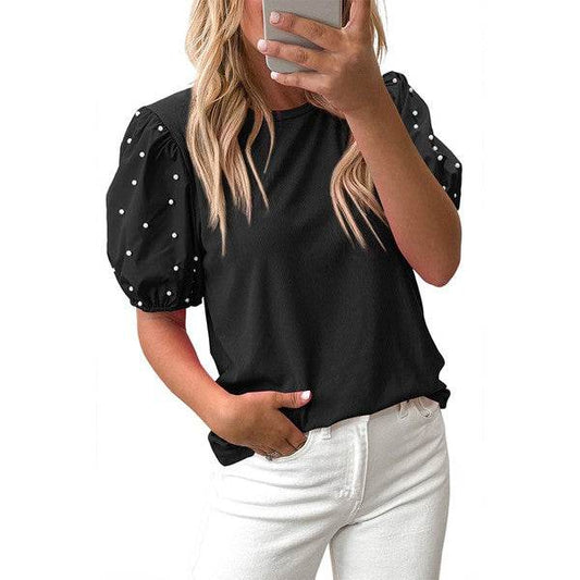 Ribbed Pearl Beaded Puff Sleeve Top - Shop Style & More | Fresh Looks, Everyday Deals & Free Shipping