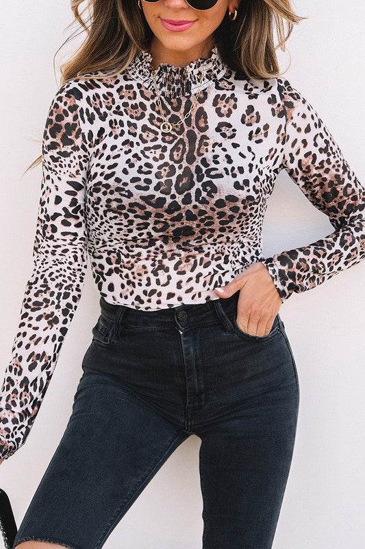 Leopard Smocked Neck Mesh Long Sleeve Bodysuit - Shop Style & More | Fresh Looks, Everyday Deals & Free Shipping