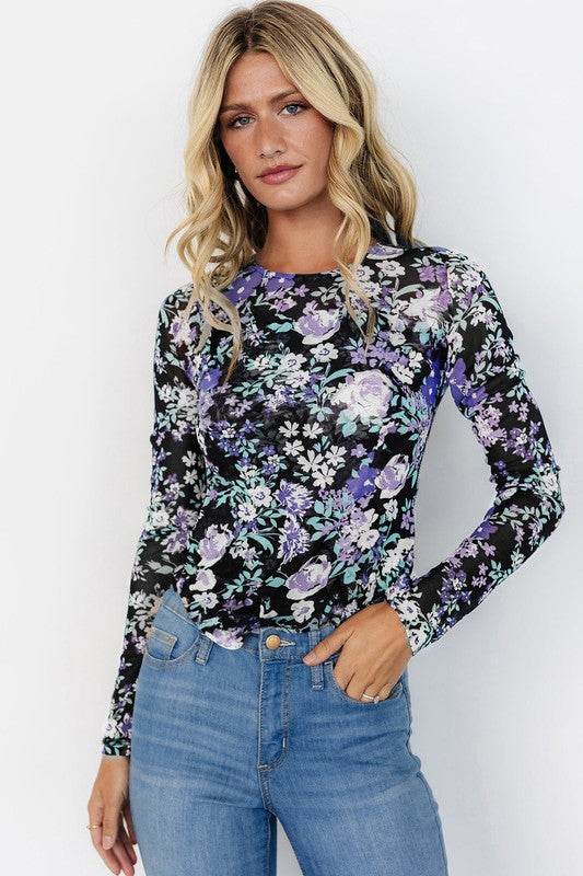 Floral Print Mesh Fitted Long Sleeve Top - Shop Style & More | Fresh Looks, Everyday Deals & Free Shipping