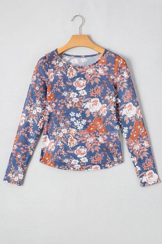 Floral Print Mesh Fitted Long Sleeve Top - Shop Style & More | Fresh Looks, Everyday Deals & Free Shipping