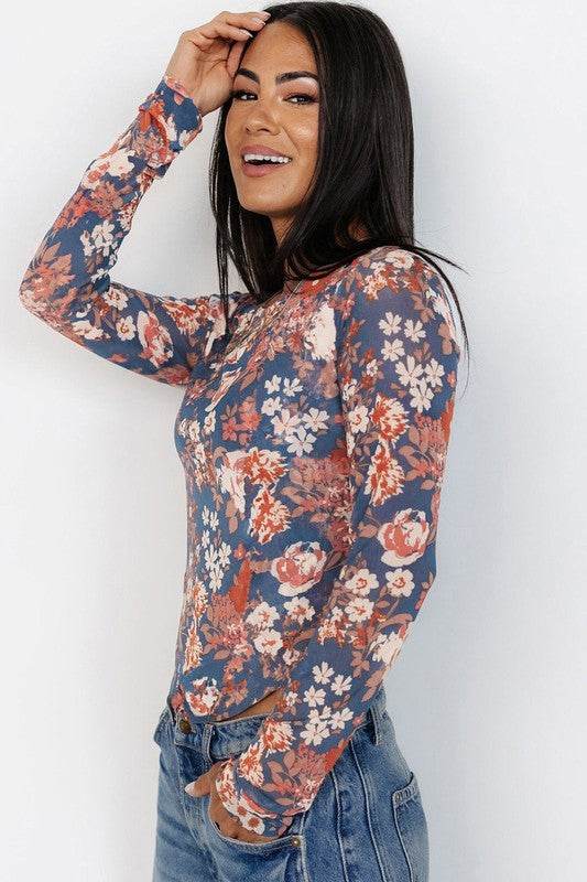 Floral Print Mesh Fitted Long Sleeve Top - Shop Style & More | Fresh Looks, Everyday Deals & Free Shipping