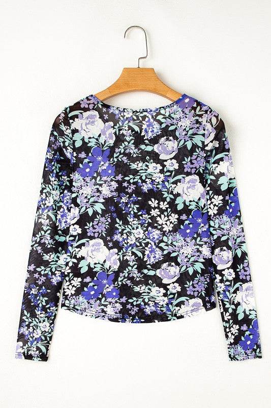 Floral Print Mesh Fitted Long Sleeve Top - Shop Style & More | Fresh Looks, Everyday Deals & Free Shipping