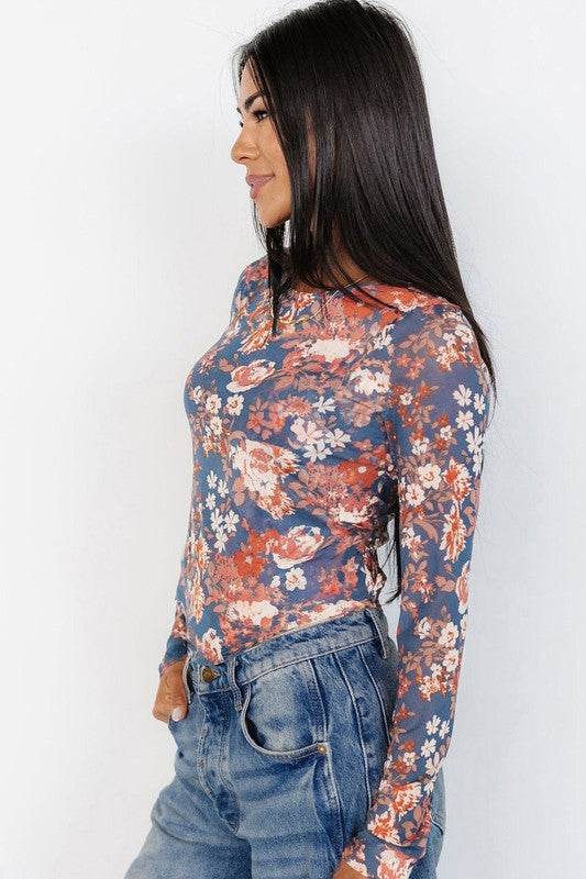 Floral Print Mesh Fitted Long Sleeve Top - Shop Style & More | Fresh Looks, Everyday Deals & Free Shipping