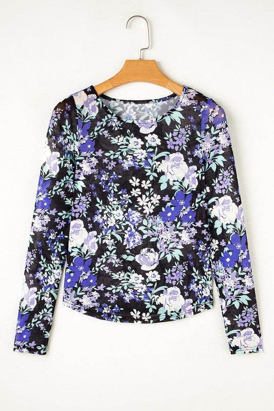 Floral Print Mesh Fitted Long Sleeve Top - Shop Style & More | Fresh Looks, Everyday Deals & Free Shipping