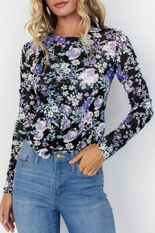 Floral Print Mesh Fitted Long Sleeve Top - Shop Style & More | Fresh Looks, Everyday Deals & Free Shipping
