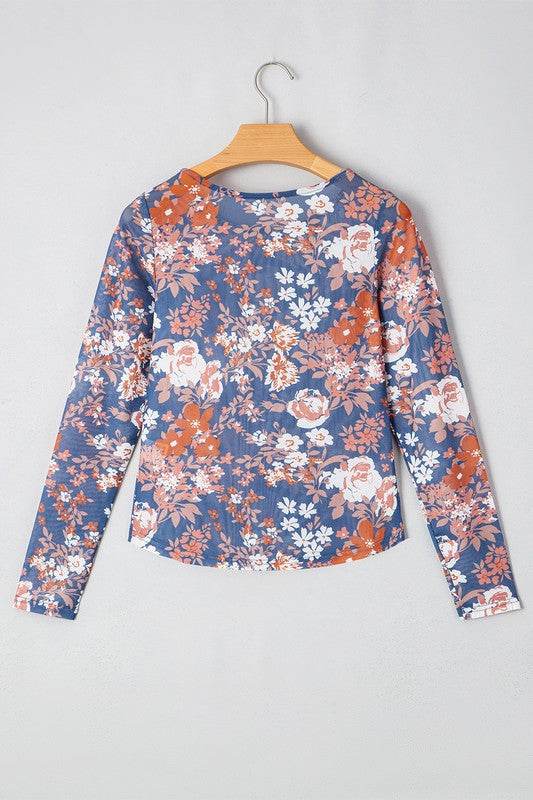 Floral Print Mesh Fitted Long Sleeve Top - Shop Style & More | Fresh Looks, Everyday Deals & Free Shipping