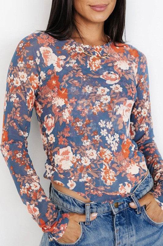 Floral Print Mesh Fitted Long Sleeve Top - Shop Style & More | Fresh Looks, Everyday Deals & Free Shipping