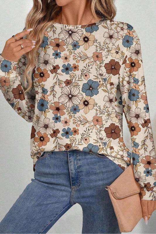 Floral Print Loose Crew Neck Long Sleeve T Shirt - Shop Style & More | Fresh Looks, Everyday Deals & Free Shipping