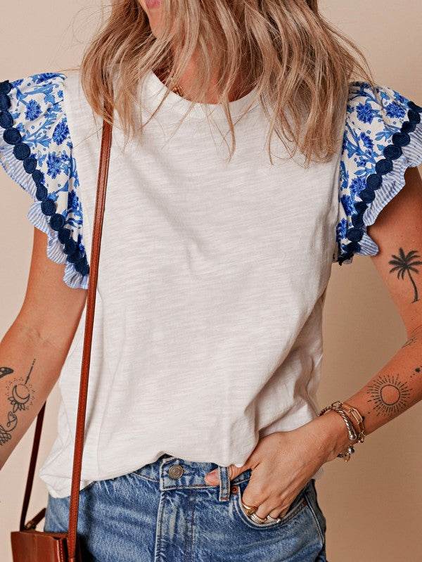 Cotton Floral Striped Wavy Flutter Sleeve Blouse - Shop Style & More | Fresh Looks, Everyday Deals & Free Shipping