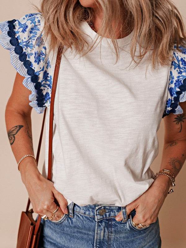 Cotton Floral Striped Wavy Flutter Sleeve Blouse - Shop Style & More | Fresh Looks, Everyday Deals & Free Shipping