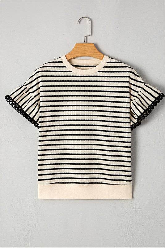 Cotton Stripe Scallop Lace Ruffle Sleeves Top - Shop Style & More | Fresh Looks, Everyday Deals & Free Shipping