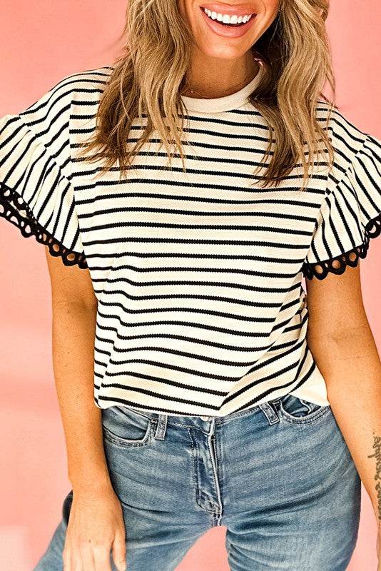 Cotton Stripe Scallop Lace Ruffle Sleeves Top - Shop Style & More | Fresh Looks, Everyday Deals & Free Shipping