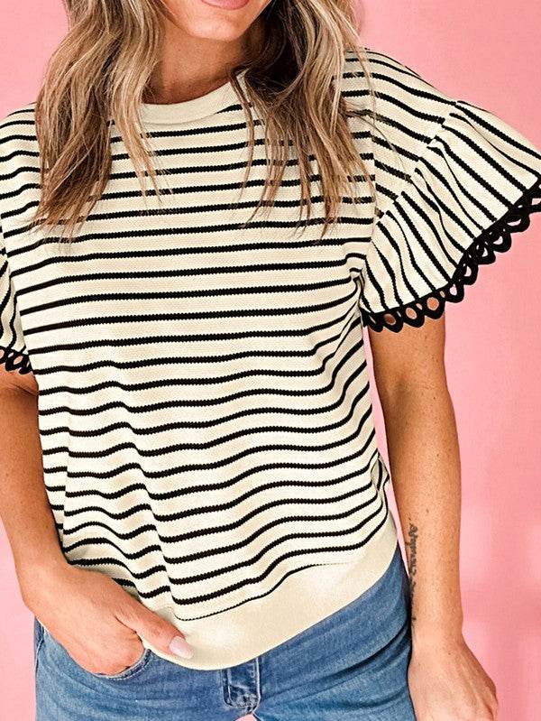 Cotton Stripe Scallop Lace Ruffle Sleeves Top - Shop Style & More | Fresh Looks, Everyday Deals & Free Shipping