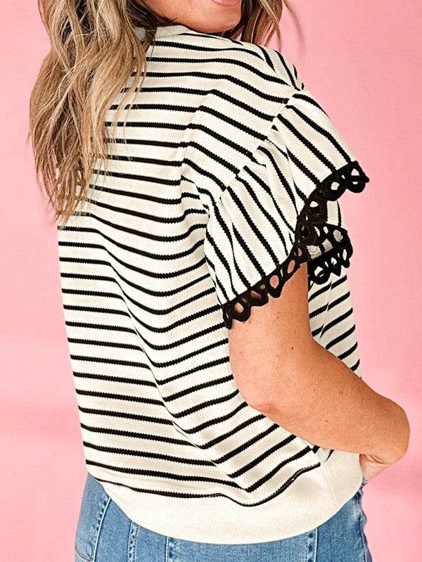 Cotton Stripe Scallop Lace Ruffle Sleeves Top - Shop Style & More | Fresh Looks, Everyday Deals & Free Shipping