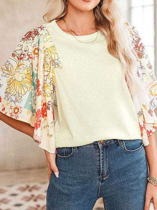 Cotton Beige Floral Patchwork Angel Sleeve Blouse - Shop Style & More | Fresh Looks, Everyday Deals & Free Shipping