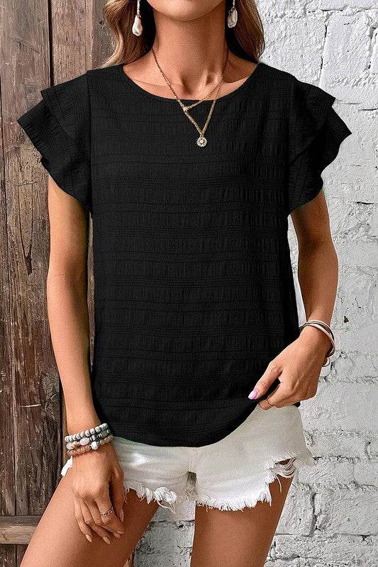 Textured Ruffled Sleeve Round Neck Top - Shop Style & More | Fresh Looks, Everyday Deals & Free Shipping