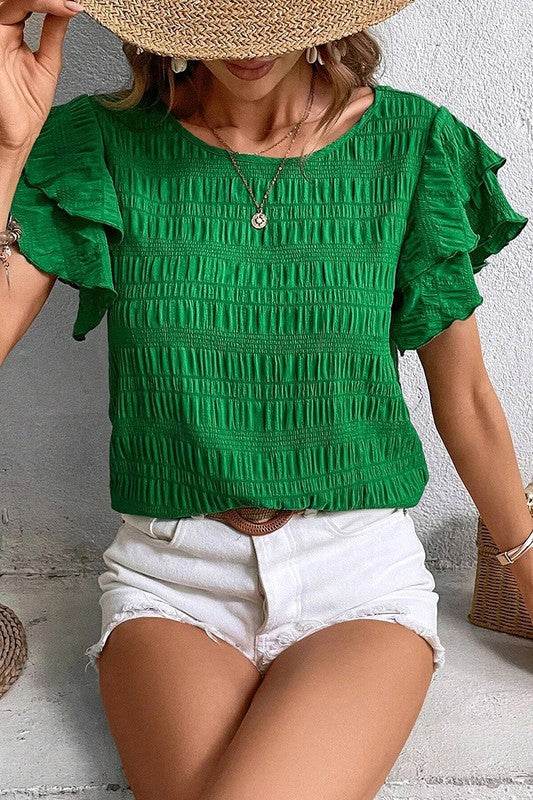 Textured Ruffled Sleeve Round Neck Top - Shop Style & More | Fresh Looks, Everyday Deals & Free Shipping