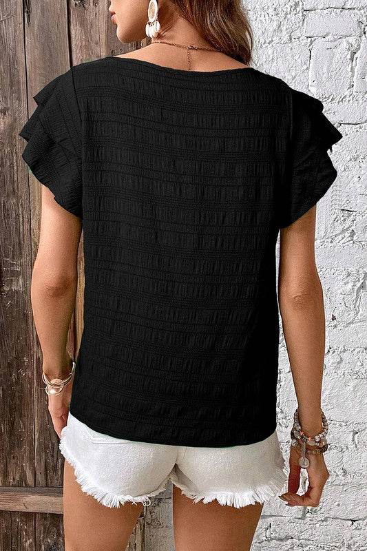Textured Ruffled Sleeve Round Neck Top - Shop Style & More | Fresh Looks, Everyday Deals & Free Shipping