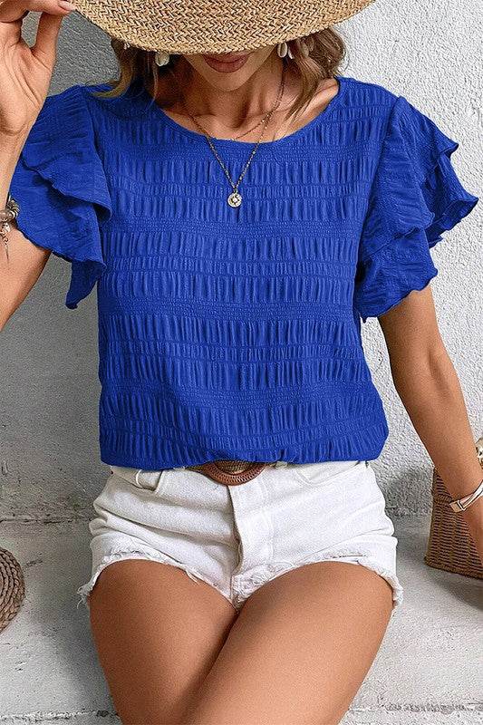 Textured Ruffled Sleeve Round Neck Top - Shop Style & More | Fresh Looks, Everyday Deals & Free Shipping