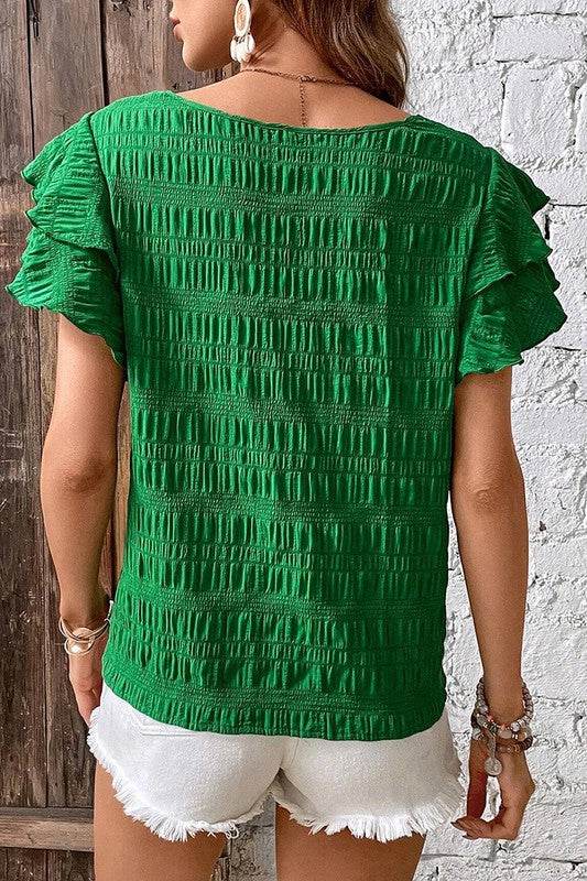 Textured Ruffled Sleeve Round Neck Top - Shop Style & More | Fresh Looks, Everyday Deals & Free Shipping