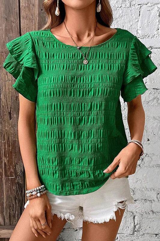 Textured Ruffled Sleeve Round Neck Top - Shop Style & More | Fresh Looks, Everyday Deals & Free Shipping