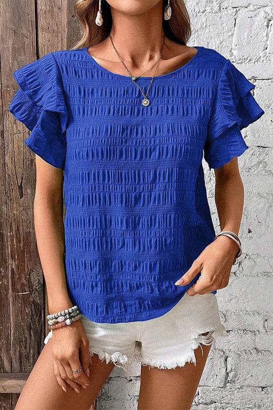 Textured Ruffled Sleeve Round Neck Top - Shop Style & More | Fresh Looks, Everyday Deals & Free Shipping