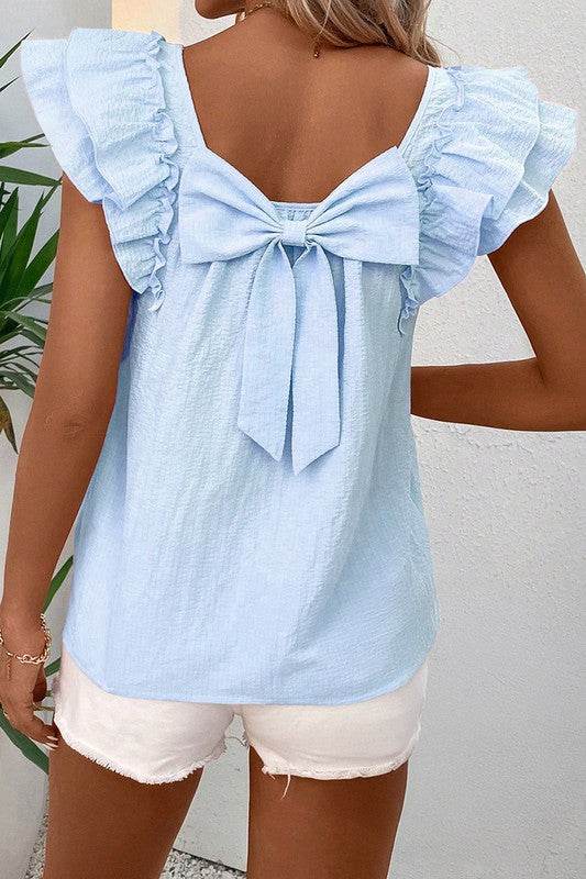 Textured Bow Knot Frilled Butterfly Sleeve Blouse - Shop Style & More | Fresh Looks, Everyday Deals & Free Shipping