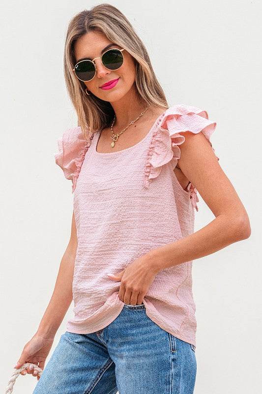 Textured Bow Knot Frilled Butterfly Sleeve Blouse - Shop Style & More | Fresh Looks, Everyday Deals & Free Shipping