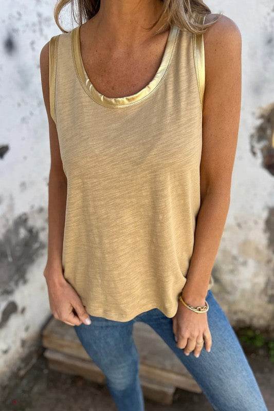 Tan Metallic Sheen Edge Scoop Neck Tank Top - Shop Style & More | Fresh Looks, Everyday Deals & Free Shipping